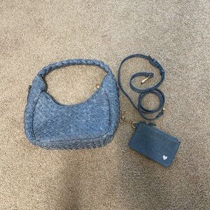 NWOT blue Woven Shoulder Bag with crossbody strap & J Crew denim card case